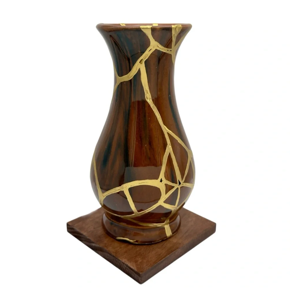 Kintsugi Vase Brown Glazed Pottery Gold Crack Art Anniversary Growth Gift - Picture 15 of 17